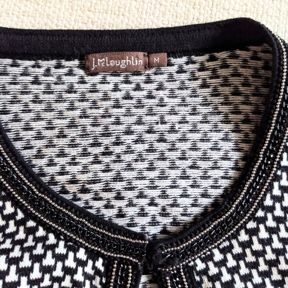 J. MCLAUGHLIN Black & White Eyehook Open Front Cardigan Beaded Trim Size Medium - Picture 5 of 5